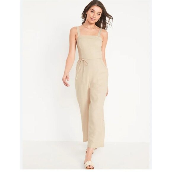 New! Old Navy Size 4X Linen Blend Jumpsuit Tie-Belt Wide Leg Square Neck Sleevel - Picture 1 of 9